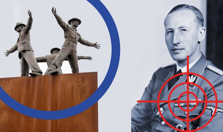 (Foto: Bundesarchiv, Bild 146-1969-054-16/Hoffmann, Heinrich/CC BY-SA 3.0 [Heydrich] und Francisco Peralta Torrejon; CC BY-SA 4.0 [Denkmal]; Montage: Keusch)