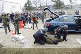 Die konkrete Amtshandlung wird von der Polizei durchgeführt. Die Soldaten beobachten und sichern sie dabei. (Foto: Christian Leneis)