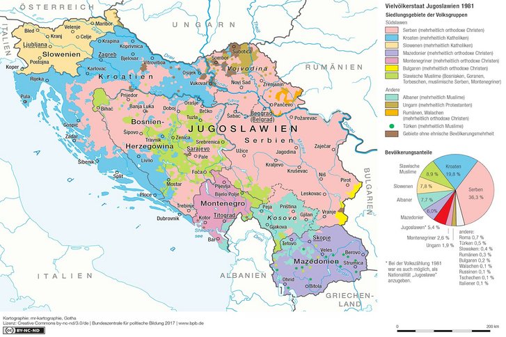 Ethnische Zusammensetzung Jugoslawiens bei der letzten Volkszählung im Jahr 1981. (Karte: Bundeszentrale für politische Bildung 2017/CC BY-NC-ND)