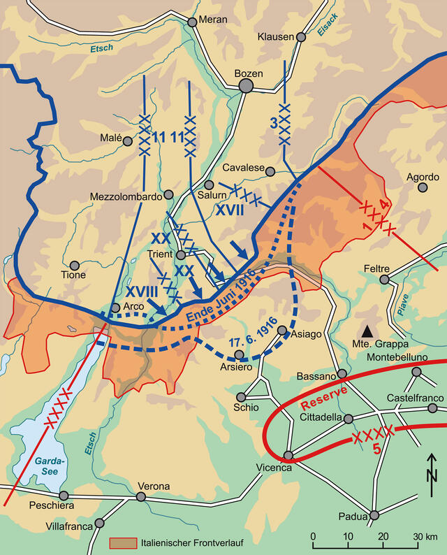 Verlauf der Südtiroloffensive vom 15. Mai bis zum 16. Juni 1916. (Grafik: RedTD/H. P. Rizzardi)