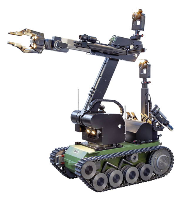 Fernlenkmanipulator tEODor Länge: 1 300 mm, Breite: 680 mm, Eigengewicht mit Manipulator und Akkus: 360 kg, Geschwindigkeit (stufenlos): 0 bis 50 m/min, Steigfähigkeit auf Treppen bei max. Belastung: 32°, max. Zuladung (ohne Manipulator): 500 kg, Einsatzdauer bis zu 20 Std, Funkreichweite: 1 000 m, Temperaturbereich: -20°C bis +60°C. Einsatzbereiche: Ferngelenkter Roboter zur Erkundung von Objekten und Räumen im letalen Bereich, Beseitigung von improvisierten Spreng- und Brandvorrichtungen. (Foto: Telerob)