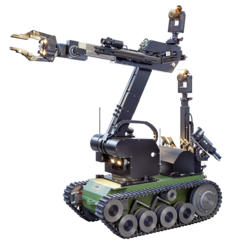 Fernlenkmanipulator tEODor Länge: 1 300 mm, Breite: 680 mm, Eigengewicht mit Manipulator und Akkus: 360 kg, Geschwindigkeit (stufenlos): 0 bis 50 m/min, Steigfähigkeit auf Treppen bei max. Belastung: 32°, max. Zuladung (ohne Manipulator): 500 kg, Einsatzdauer bis zu 20 Std, Funkreichweite: 1 000 m, Temperaturbereich: -20°C bis +60°C. Einsatzbereiche: Ferngelenkter Roboter zur Erkundung von Objekten und Räumen im letalen Bereich, Beseitigung von improvisierten Spreng- und Brandvorrichtungen. (Foto: Telerob)