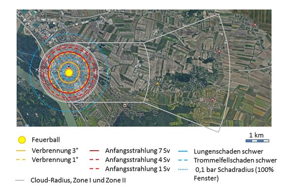 Schadradien und Zonen mit lokalem radioaktivem Niederschlag am Beispiel Korneuburg durch eine 2-kt-Detonation. (Grafik: Michael Schrenk)