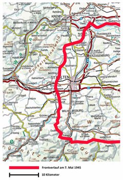 Die Frontlinie zwischen Krems und Lilienfeld am 7. Mai 1945. (Karte: BEV; RedTD/Keusch)