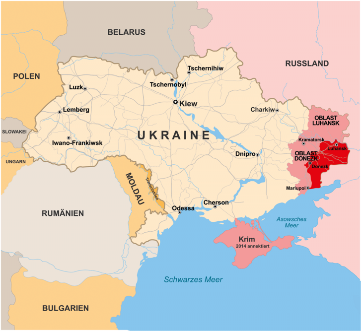 Die Ukraine mit der Krim, den Oblasten Luhansk und Donezk sowie den von russischen Separatisten besetzten Gebieten (dunkelrot). (Karte: RedTD/H.P. Luigi Rizzardi)