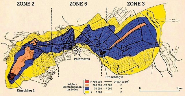 Die 1966 ursprünglich vermessene Kontaminationsfläche umfasste 1,7 km². Auf der Landkarte entsprach das einer Länge von 3,2 km bei einer variierenden Breite von etwa 0,5 km. Später wurden auch westlich des Flussbettes auf einer Länge von 1,2 km weitere kontaminierte Gebiete entdeckt. Die Ausmaße sind vergleichbar mit einem Dirty-Bomb-Szenario. (Foto: Jherreraplaza; CC-BY-SA 4.0) (Montage: RedTD/h.p. rizzardi)