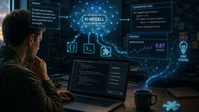 KI-generierte Darstellung eines futuristischer Technikarbeitsplatzes mit KI-Assistent
