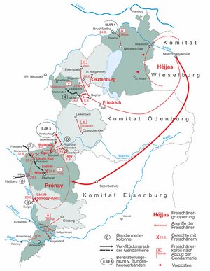 Operationen der Freischärler in den westungarischen Komitaten Moson (Wieselburg), Sopron (Ödenburg) und Vas (Eisenburg) während des ersten Landnahmeversuches der österreichischen Gendarmerie. Die Komitate hatten folgende späteren Bezirke an das Burgenland abzugeben: Wieselburg: den Bezirk Neusiedl; Ödenburg: die Bezirke Eisenstadt, Mattersburg und Oberpullendorf; Eisenburg: die Bezirke Oberwart, Güssing und Jennersdorf (Grafik: Jörg Aschenbrenner).