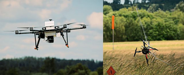 Eine Möglichkeit der Zielbekämpfung ist mittels der Abfangdrohne „FALKE“ (links). Eine abgefangene Drohne (rechts). (Foto: FIFIATS)