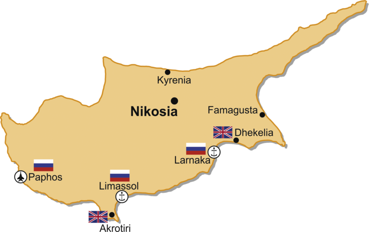 Souveräne Basisgebete der Briten und Landungsrechte der Russischen Föderation auf Zypern. (Grafik: Rizzardi)