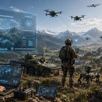 KI-generierte Darstellung autonomer Kriegsführung im digitalen Zeitalter