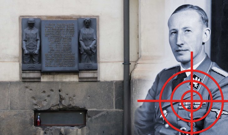 (Foto: Bundesarchiv, Bild 146-1969-054-16/Hoffmann, Heinrich/CC BY-SA 3.0 [Heydrich], Keusch [Denkmal]; Montage: Keusch)