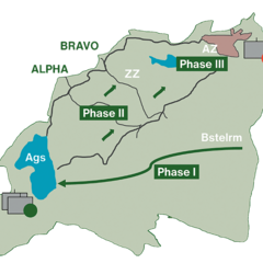 Idée de Manœuvre: Angriffsphasen am Truppenübungsplatz Allentsteig. Phase I: Annäherung, Bezug, Sicherung der Ausgangsstellung, Stoß. Phase II: Stoß ins Zwischenziel. Phase III: Stoß ins Angriffsziel „Ortschaft Steinbach“. (Grafik: VBS)