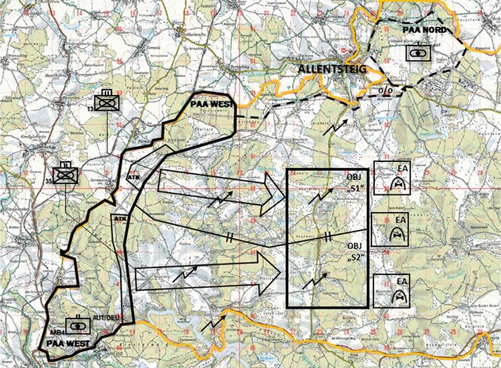 Plan der Durchführung für das Kampfgruppenschießen 2019 auf dem Truppenübungsplatz Allentsteig. (Grafik: 4.PzGrenBrig)