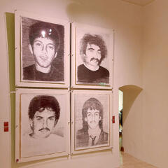 Die Portraits der Opfer von Oberwart, Erwin Horvath, Karl Horvath, Peter Sarközi und Josef Simon von Manfred Bockelmann. (Foto: RedTD/Gerold Keusch)