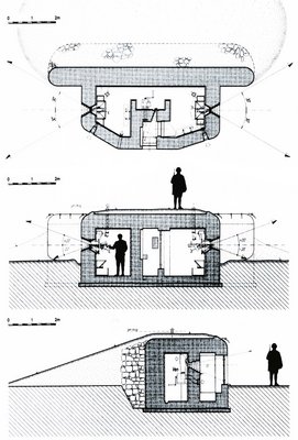 Leichter Bunker vom Modell 37 in der Standard-ausführung (Typ A) im Grundriss (oben), von der Eingangsseite (Mitte) und in der Seitenansicht (unten). (Grafik: unbekannt/gemeinfrei)
