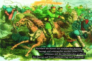 Hunnen im Kampf mit Alanen;Holzstich nach einer Zeichnung 
von Johann N. Geiger, 1873 (Montage: Rizzardi).