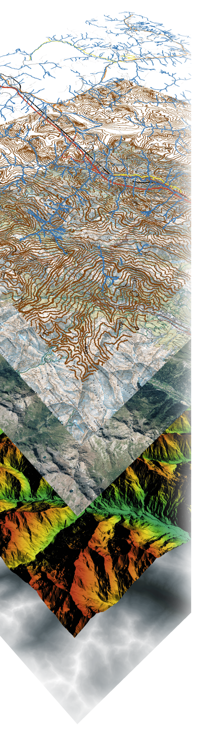 Symbolische Darstellung der Layer in einem geografischen Informationssystem (GIS) mit den Themenlayern (v. o. n. u.): - Wasser; - Höhenschichtlinien; - Rasterbild; - Luftbild; - Höhenmodell; - negativ gerechnetes Höhenmodel. (Foto: Bundesheer/Friedrich Teichmann)