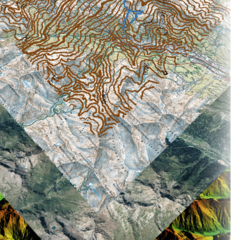 Symbolische Darstellung der Layer in einem geografischen Informationssystem (GIS) mit den Themenlayern (v. o. n. u.): - Wasser; - Höhenschichtlinien; - Rasterbild; - Luftbild; - Höhenmodell; - negativ gerechnetes Höhenmodel. (Foto: Bundesheer/Friedrich Teichmann)