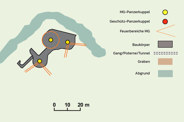 Der Posten Vezzena war ein kleines mit fünf Maschinengewehren bestücktes Festungswerk ohne Geschütze. (Grafik: Redtd/H. P. Rizzardi nach Rolf Hentzschel