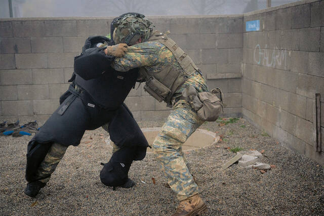 Ein Fähnrich im Infight mit dem „Black Man“ auf der  Nahkampfbahn. (Foto: Bundesheer/Gunter Pusch)
