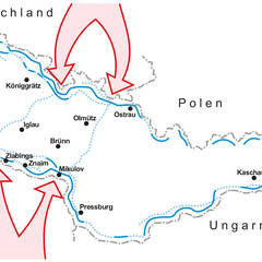 Die beurteilten Richtungen eines deutschen Angriffes auf die Tschechoslowakei und die (geplanten) Linien der tschechoslowakischen Landesbefestigung. (Grafik: RedTD/Rizzardi)