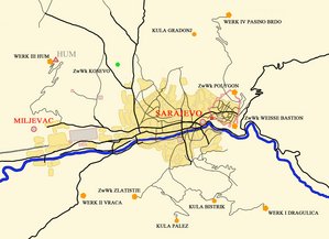 Werke, Zwischenwerke und Wachhäuser (Kula) der Festung Sarajewo. (Grafik: Volker Pachauer)