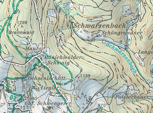 Die Mönichwalder Schwaig war 1945 der Ort jener Kämpfe zwischen der Deutschen Wehrmacht und der Roten Armee, die bei der Geländebesprechung thematisiert werden. (Karte: BEV)