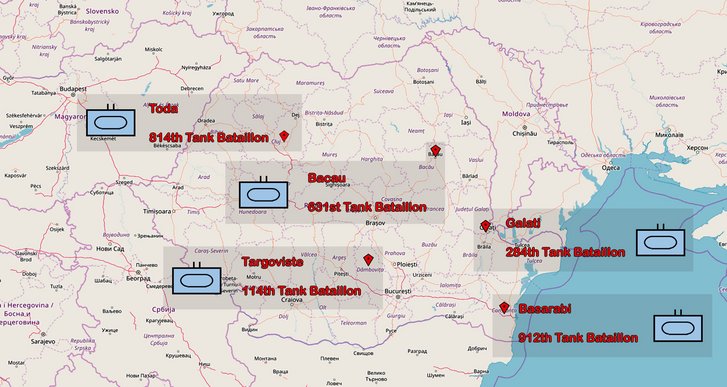 Die Garnisonen der rumänischen Panzerbataillone. (Foto: OpenStreetMap; RedTD/Nikischer)