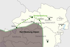 Die Voralpenstellung befand sich nördlich der "Kernfestung Alpen". (Grafikvorlage: TUBS, CC-BY-SA3.0; Montage Keusch)