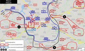 Bindungsangriffe und Einbruch in den VRV im Westen (1) und Fortführung des Angriffes aus dem Osten (2) und Süden (3). (Grafik: Böhm)