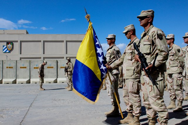 A ceremony was held in Bagram Airfield, Afghanistan June 24, 2015 to transfer authority from Bosnia - Herzegovina Contingent - Force Protection Unit - 001 (BHCON-FPU-001) to BHCON-FPU-002.