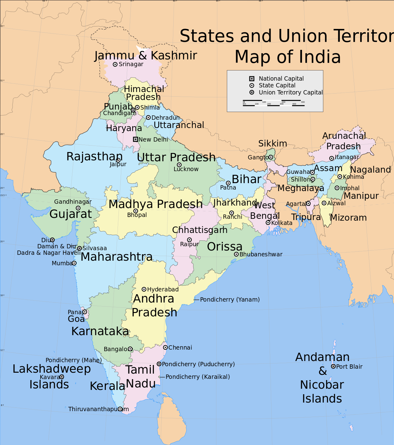 An der Grenze der Bundesstaaten Rajasthan, Punjab und Jammu zu Pakistan sowie in Westbegalen, an der Grenze zu China, wird Indien bis Jahresende drei Integrated Battle Groups (IBG) aufstellen. (Grafik: Planemad, CC BY-SA 3.0)